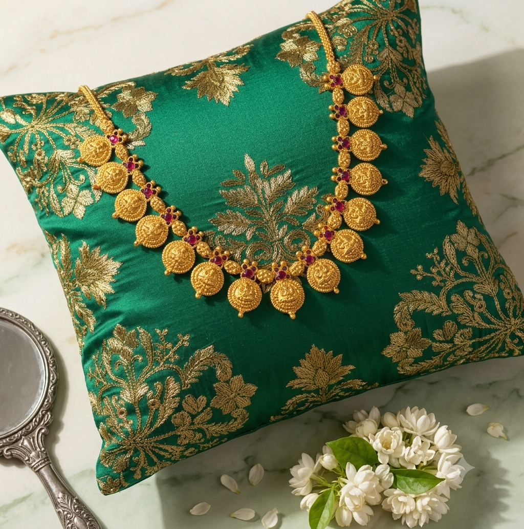 Gold Plated Lakshmi Kasu Mala Necklace Set - Image 2